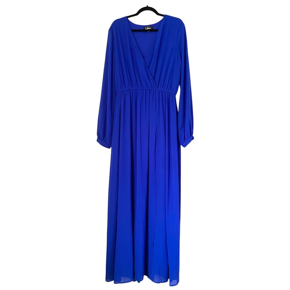Lulus Maxi Dress XL Royal Blue Long Sleeve Chiffon Formal Wedding Guest Flowy - Picture 2 of 12